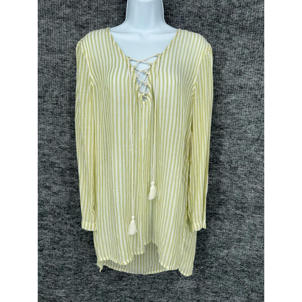 Billabong Blouse Womens S Green Stripe Lace Up Tassel Sheer Long Sleeve Tunic